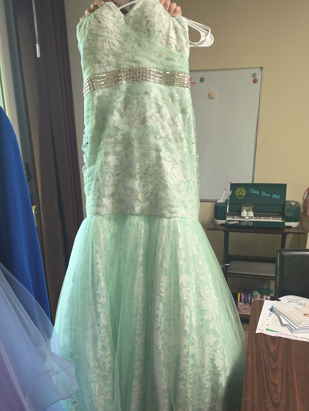 🔴CLEARANCE NEW TIFFANY DESIGNS SZ 12 MINT GREEN IVORY STRAPLESS LACE GOWN